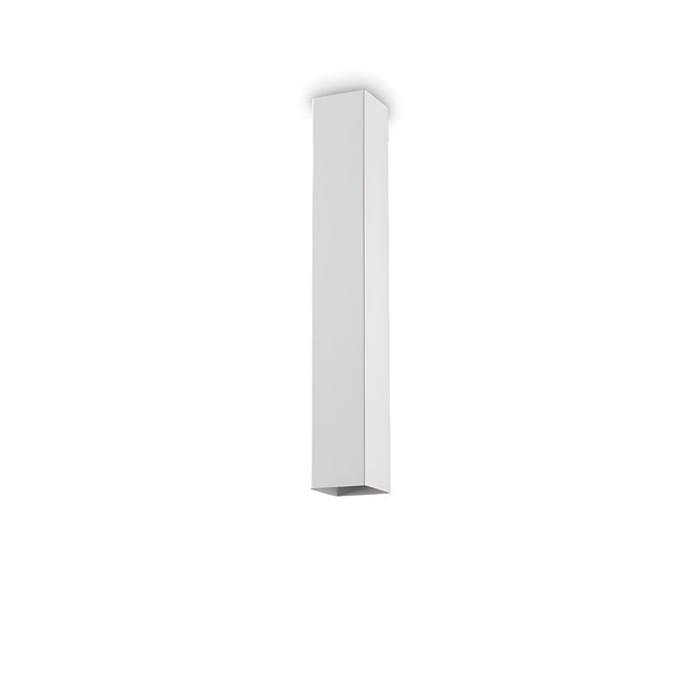 The Emberlux Ceiling Light - White, 40cm, a long and rectangular pendant fixture, hangs vertically against a plain white backdrop, showcasing its minimalist design.