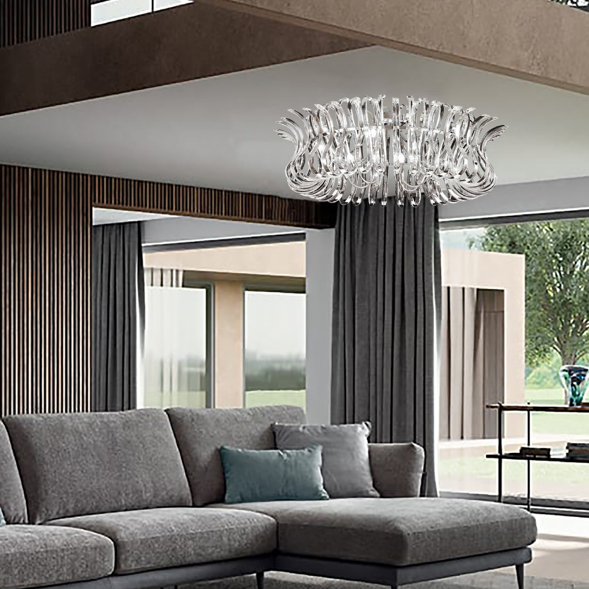 Wave 9 Light Glass Ceiling Light - Chrome