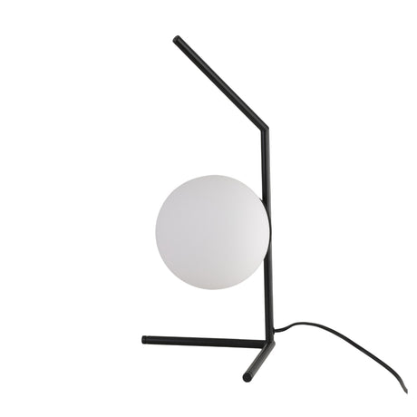 The Vetra 1 Light Opal Glass Table Lamp - Black features a minimalist black angular metal frame supporting a round white opal glass globe. The contemporary design includes a cord extending from the base for easy use.
