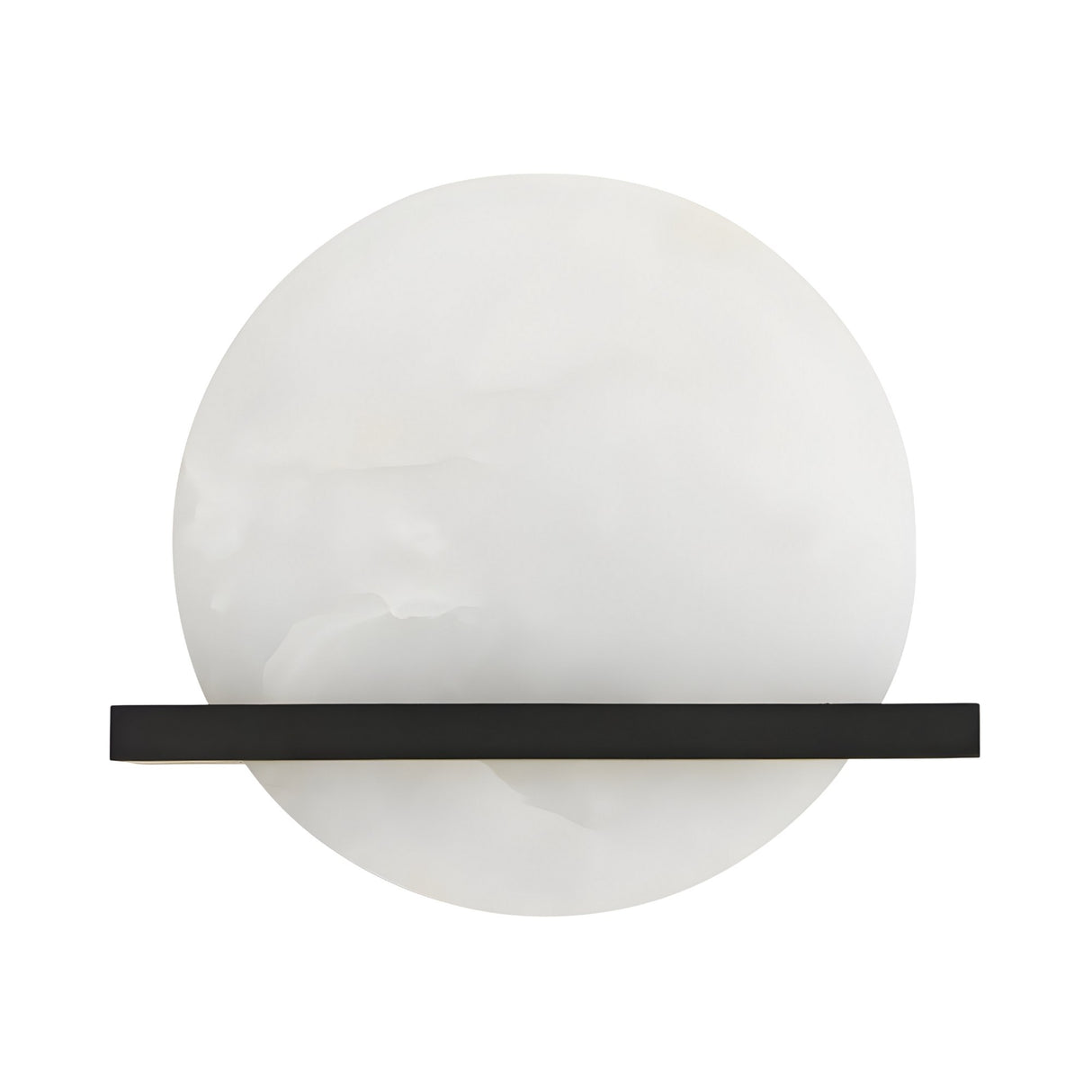 The Caldris LED Circular Alabaster Wall Light features a round, soft white disc on a matte black bar, creating a minimalist geometric look inspired by modern alabaster designs.