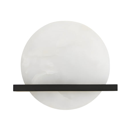 The Caldris LED Circular Alabaster Wall Light features a round, soft white disc on a matte black bar, creating a minimalist geometric look inspired by modern alabaster designs.
