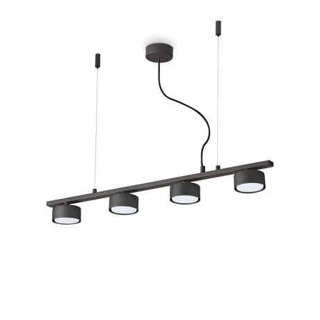 The Starluxe 4 Light Linear Suspension in black features a modern design with four round shades mounted on a horizontal bar. It provides energy-efficient lighting, suspended by two adjustable thin cables, and includes a central ceiling mount connected by a black wire for a sleek and minimalist aesthetic.