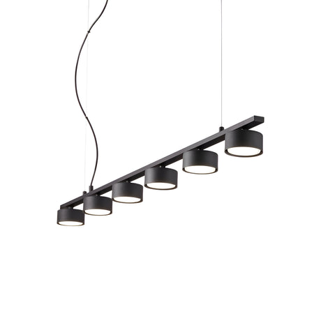 Introducing the Starluxe 6 Light Linear Suspension in Black: a modern and minimalist pendant light fixture featuring six cylindrical lampshades perfectly aligned on a horizontal bar. This design exudes contemporary elegance and is complemented by LED lights, all gracefully suspended by two slim cables.