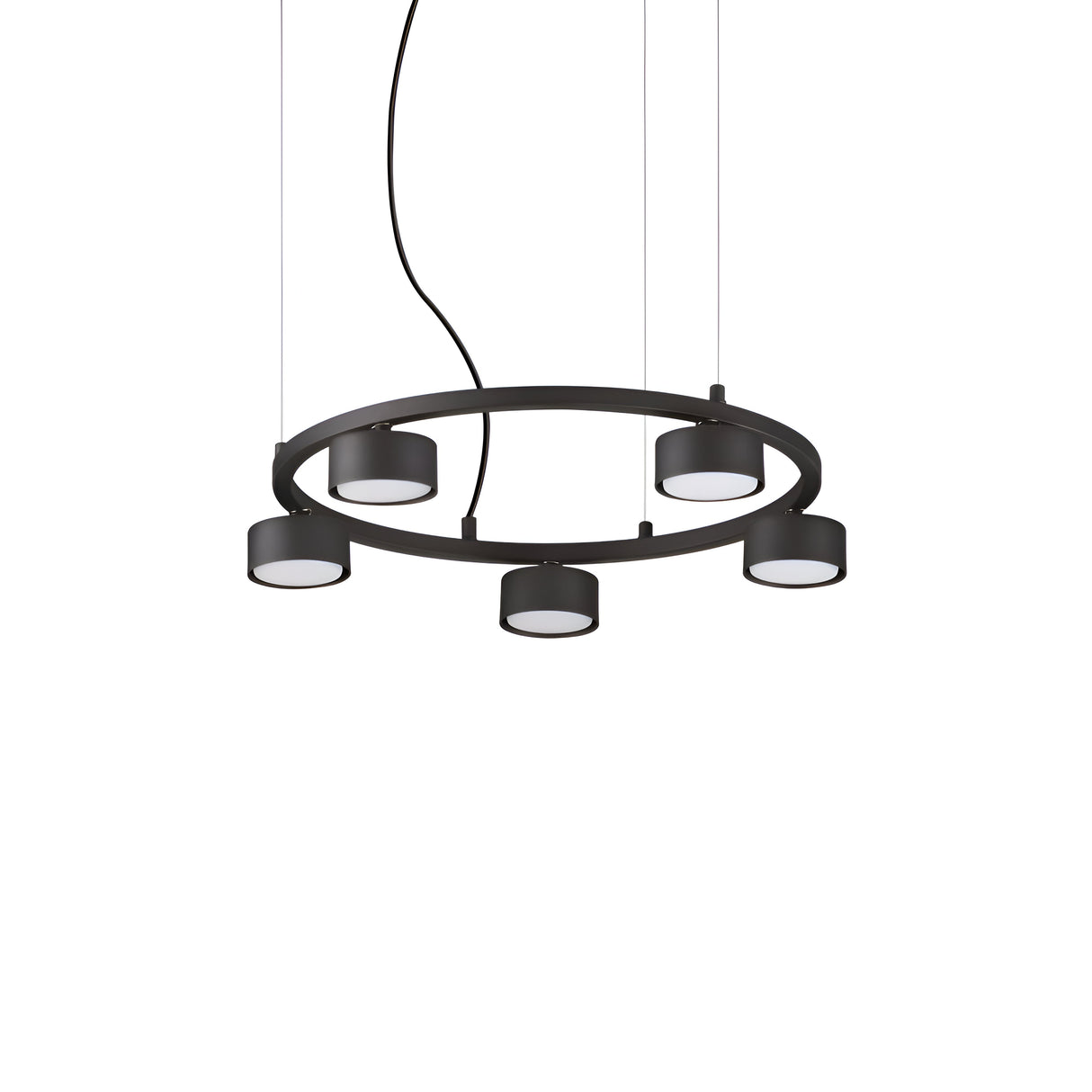 The Starluxe 5 Light Round Suspension - Black boasts a modern aesthetic with its circular black frame. Equipped with five strategically positioned LED lights on the ring, it elegantly suspends from the ceiling, complemented by a sleek cable that enhances its contemporary elegance in any room.