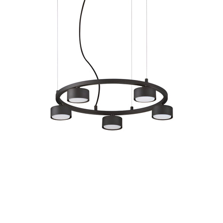 The Starluxe 5 Light Round Suspension - Black boasts a modern aesthetic with its circular black frame. Equipped with five strategically positioned LED lights on the ring, it elegantly suspends from the ceiling, complemented by a sleek cable that enhances its contemporary elegance in any room.