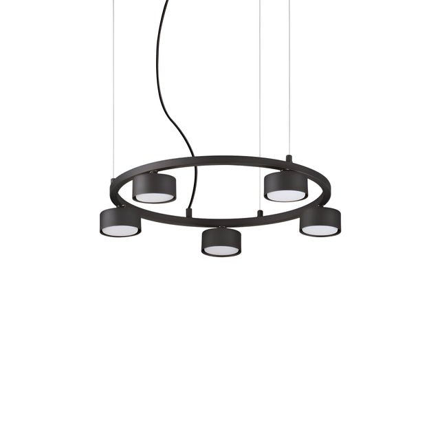 The Starluxe 5 Light Round Suspension - Black boasts a modern aesthetic with its circular black frame. Equipped with five strategically positioned LED lights on the ring, it elegantly suspends from the ceiling, complemented by a sleek cable that enhances its contemporary elegance in any room.