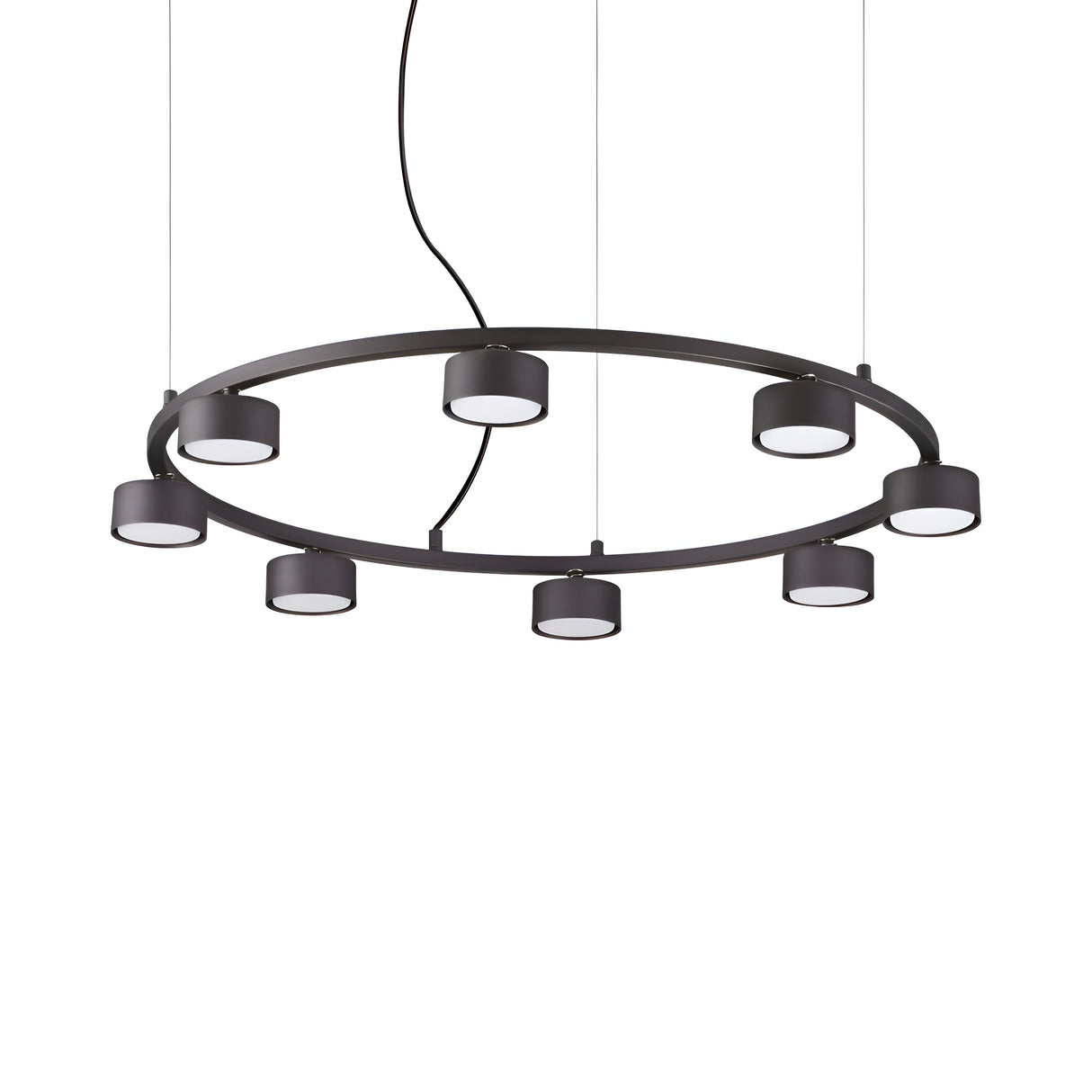 The Starluxe 8 Light Round Suspension - Black is a contemporary lighting fixture that features a circular design with eight evenly spaced cylindrical LED lights. It hangs gracefully from the ceiling using thin wires and a central black cord, showcasing a sleek, minimalist appeal.