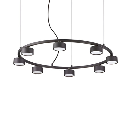 The Starluxe 8 Light Round Suspension - Black is a contemporary lighting fixture that features a circular design with eight evenly spaced cylindrical LED lights. It hangs gracefully from the ceiling using thin wires and a central black cord, showcasing a sleek, minimalist appeal.