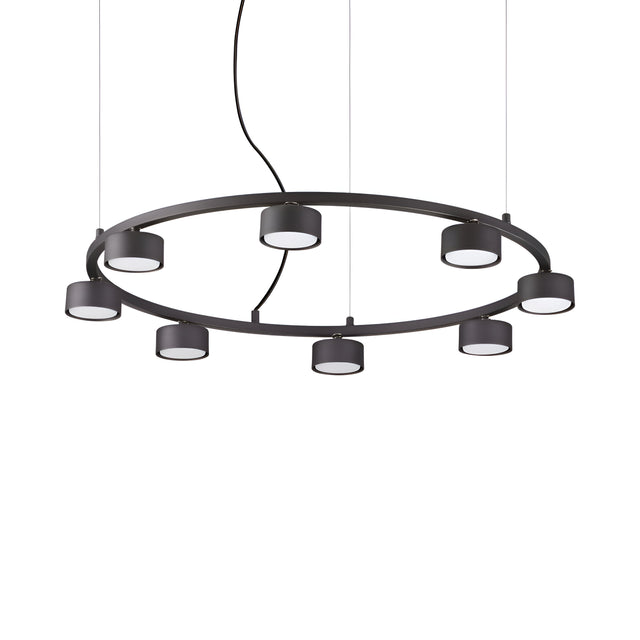 The Starluxe 8 Light Round Suspension - Black is a contemporary lighting fixture that features a circular design with eight evenly spaced cylindrical LED lights. It hangs gracefully from the ceiling using thin wires and a central black cord, showcasing a sleek, minimalist appeal.