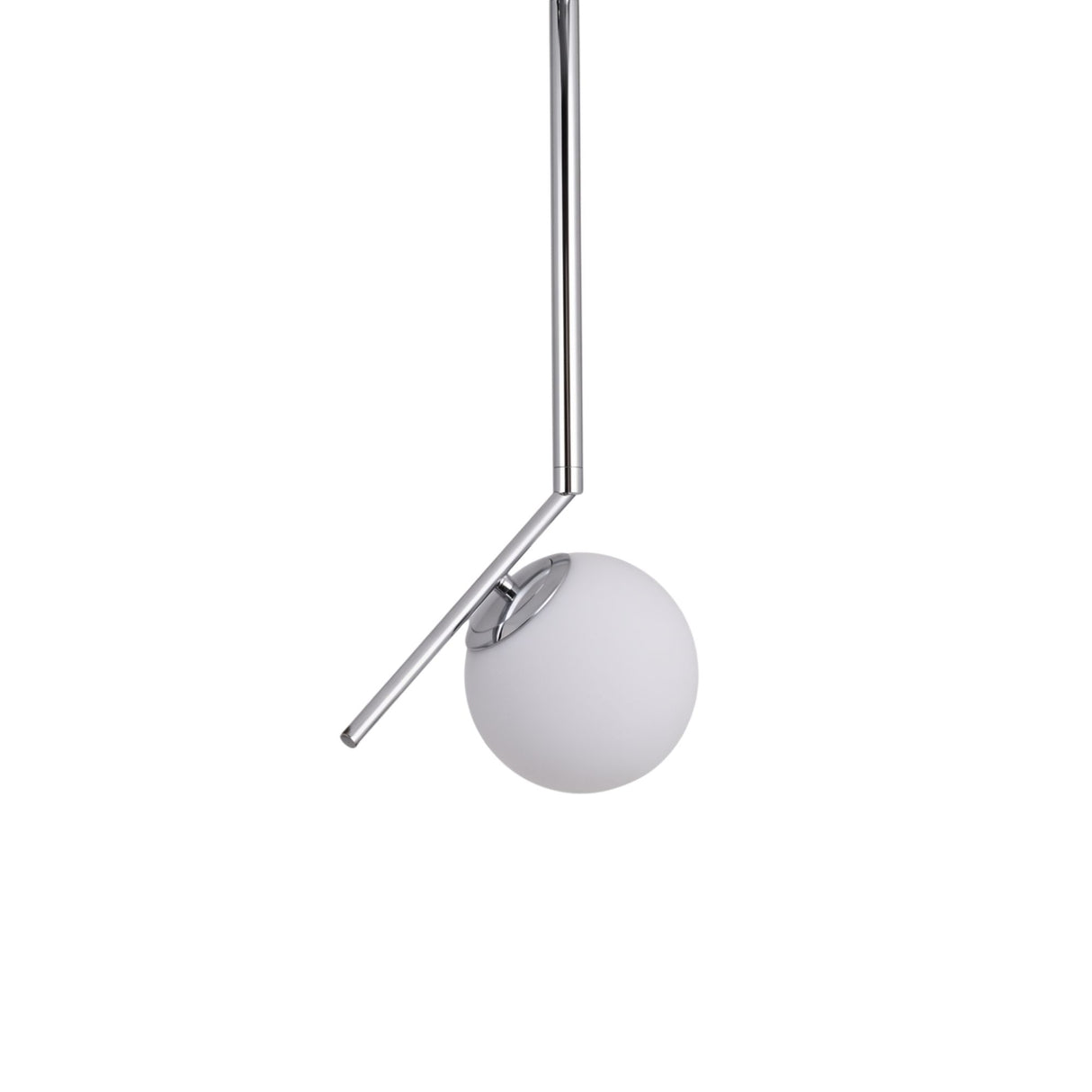 Niori Vetra small pendant light with a frosted opal glass globe and angled polished chrome suspension arm, shown on a plain white background.