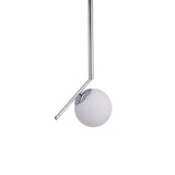 Niori Vetra small pendant light with a frosted opal glass globe and angled polished chrome suspension arm, shown on a plain white background.