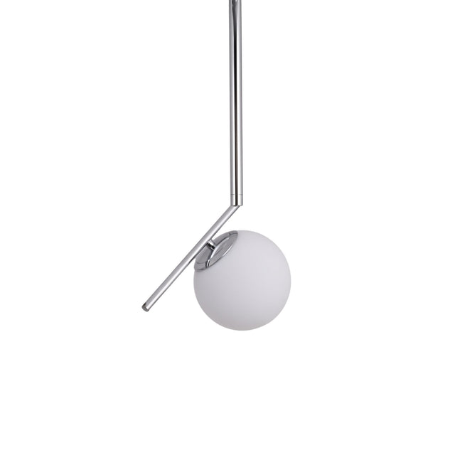 Niori Vetra small pendant light with a frosted opal glass globe and angled polished chrome suspension arm, shown on a plain white background.