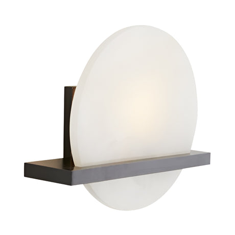 The Caldris LED Circular Alabaster Wall Light in matte black and soft white features a frosted circular glass shade on a sleek rectangular base, providing soft, diffused illumination with modern style.