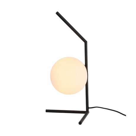 The Vetra 1 Light Opal Glass Table Lamp - Black features a modern black angular metal frame with a round frosted opal glass globe as its light source, and includes a cord that extends from the base.