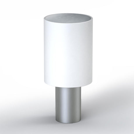 Tiny Round Pillar Light IP45 in satin nickel, featuring a white cylindrical shade on a slim metal stem, shown against a plain white background.