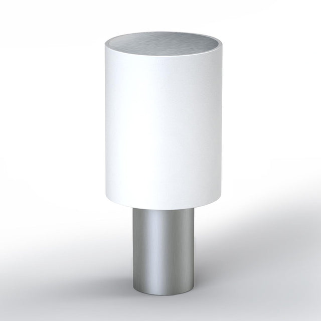 Tiny Round Pillar Light IP45 in satin nickel, featuring a white cylindrical shade on a slim metal stem, shown against a plain white background.