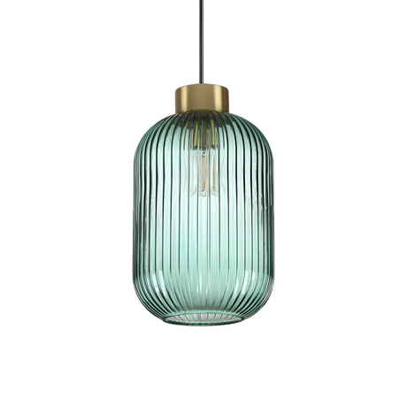 The Fluxia-3 1 Light Glass Pendant in green showcases a modern design with its dimmable features, featuring a ribbed glass shade and brass top, elegantly suspended from a black cord against a crisp white background.