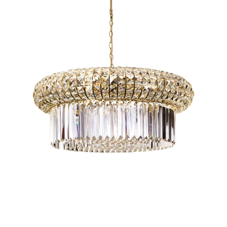The Enluma Crystal 16 Light Chandelier - Gold is a luxurious lighting masterpiece, featuring a round, layered design with a gold-toned metal frame embellished with sparkling clear and amber crystals. This chandelier hangs beautifully from a chain and includes dimmable functionality to gracefully reflect light.