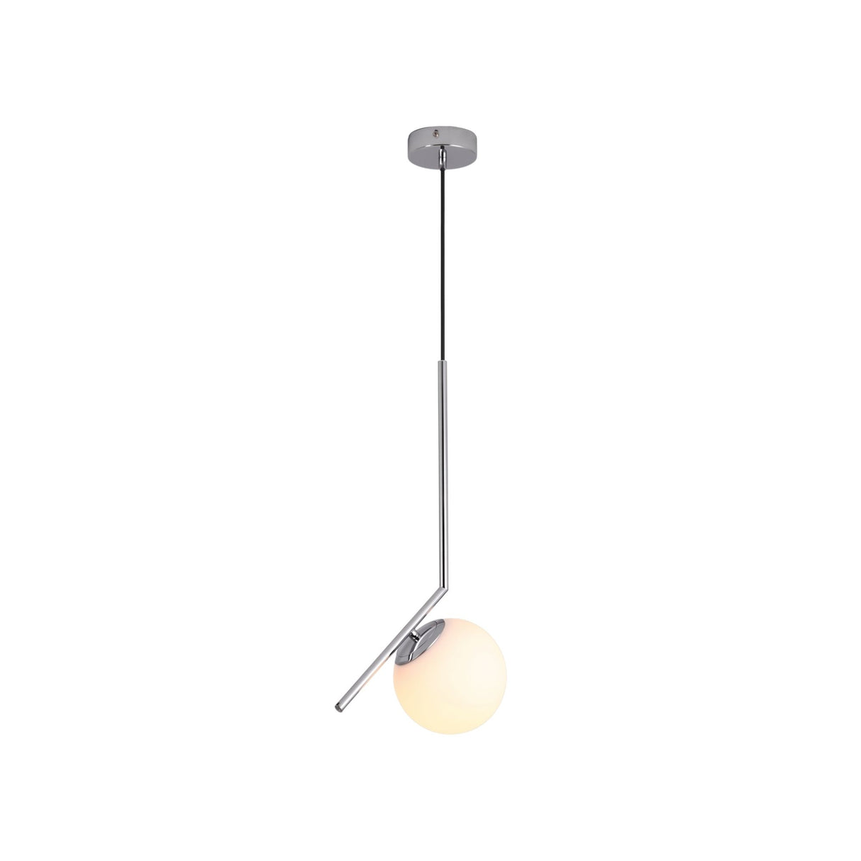 Niori Vetra small pendant light with opal glass globe on an angled chrome arm and ceiling rose, shown against a plain white background.