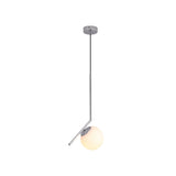 Niori Vetra small pendant light with opal glass globe on an angled chrome arm and ceiling rose, shown against a plain white background.
