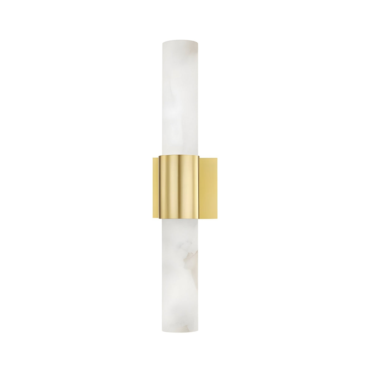 The Fiora LED Alabaster Wall Light features two cylindrical soft white glass tubes joined by a wide brushed brass band, creating a sleek and modern look.