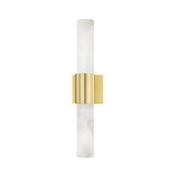 The Fiora LED Alabaster Wall Light features two cylindrical soft white glass tubes joined by a wide brushed brass band, creating a sleek and modern look.