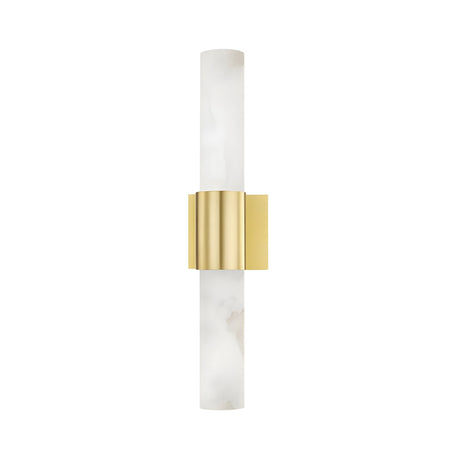 The Caldris LED Alabaster Wall Light features two cylindrical soft white glass tubes joined by a wide brushed brass band, offering modern luxury architectural lighting in a sleek wall sconce design.