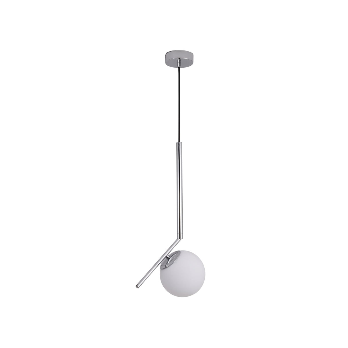 Niori Vetra small pendant light with a frosted opal glass globe on an angled polished chrome arm, shown against a plain white background.