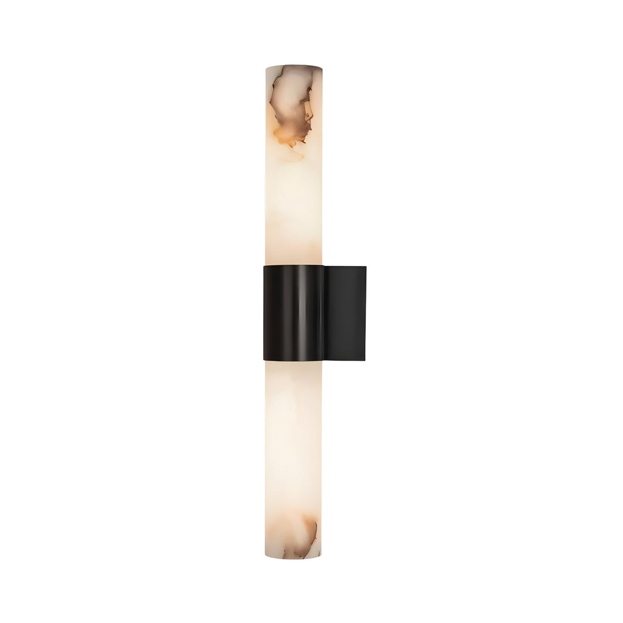 The Caldris LED Alabaster Wall Light features a modern matte black finish, soft white vertical cylindrical alabaster shade with dark marbled ends, and a central rectangular metal mount.