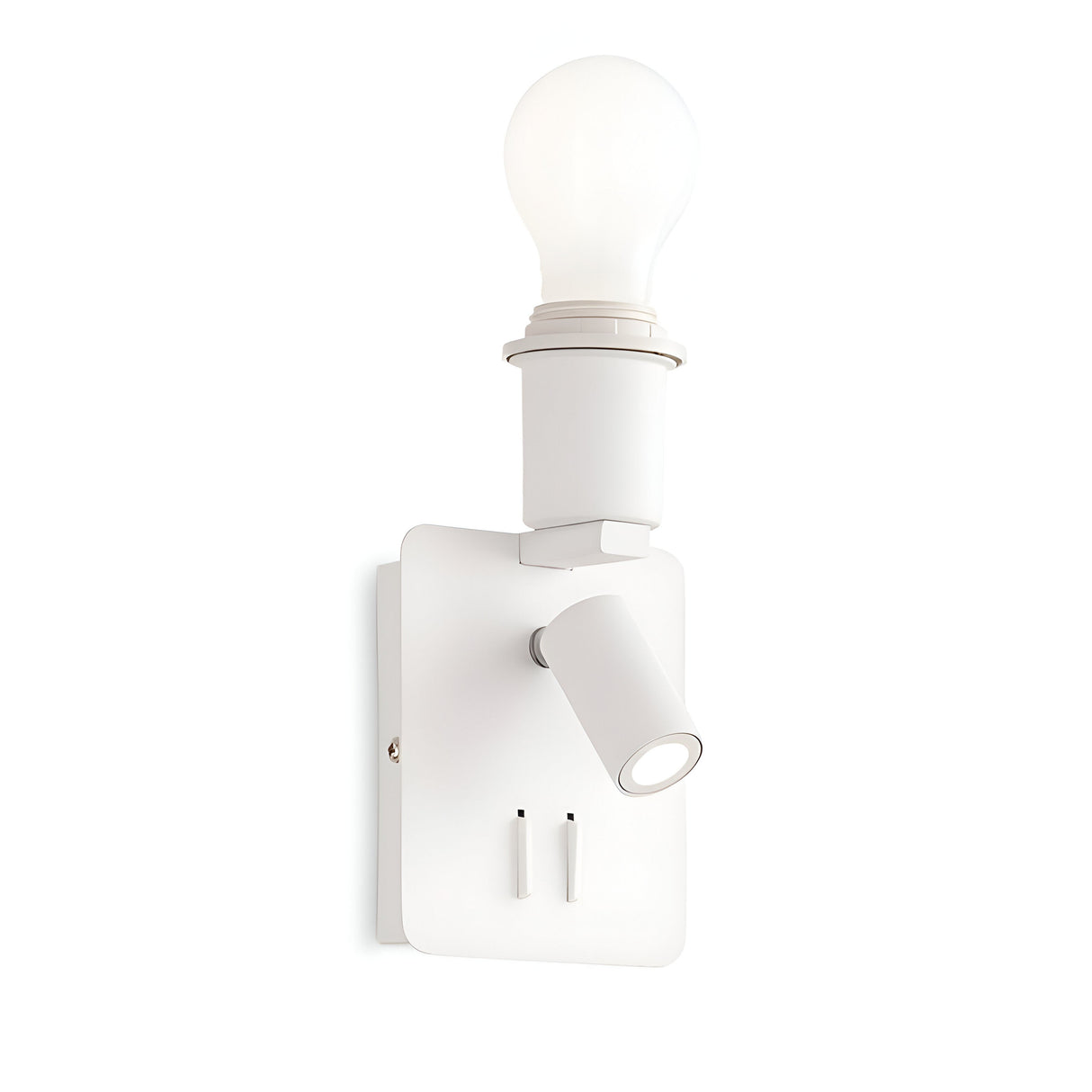 Introducing the Prismia LED Wall Light 3W 3000K - White: a contemporary white wall sconce with LED lighting. It features two sources—a large bulb positioned above and an adjustable LED reading light below—mounted on a rectangular base that highlights minimalist design. For added convenience, it includes a built-in USB socket.