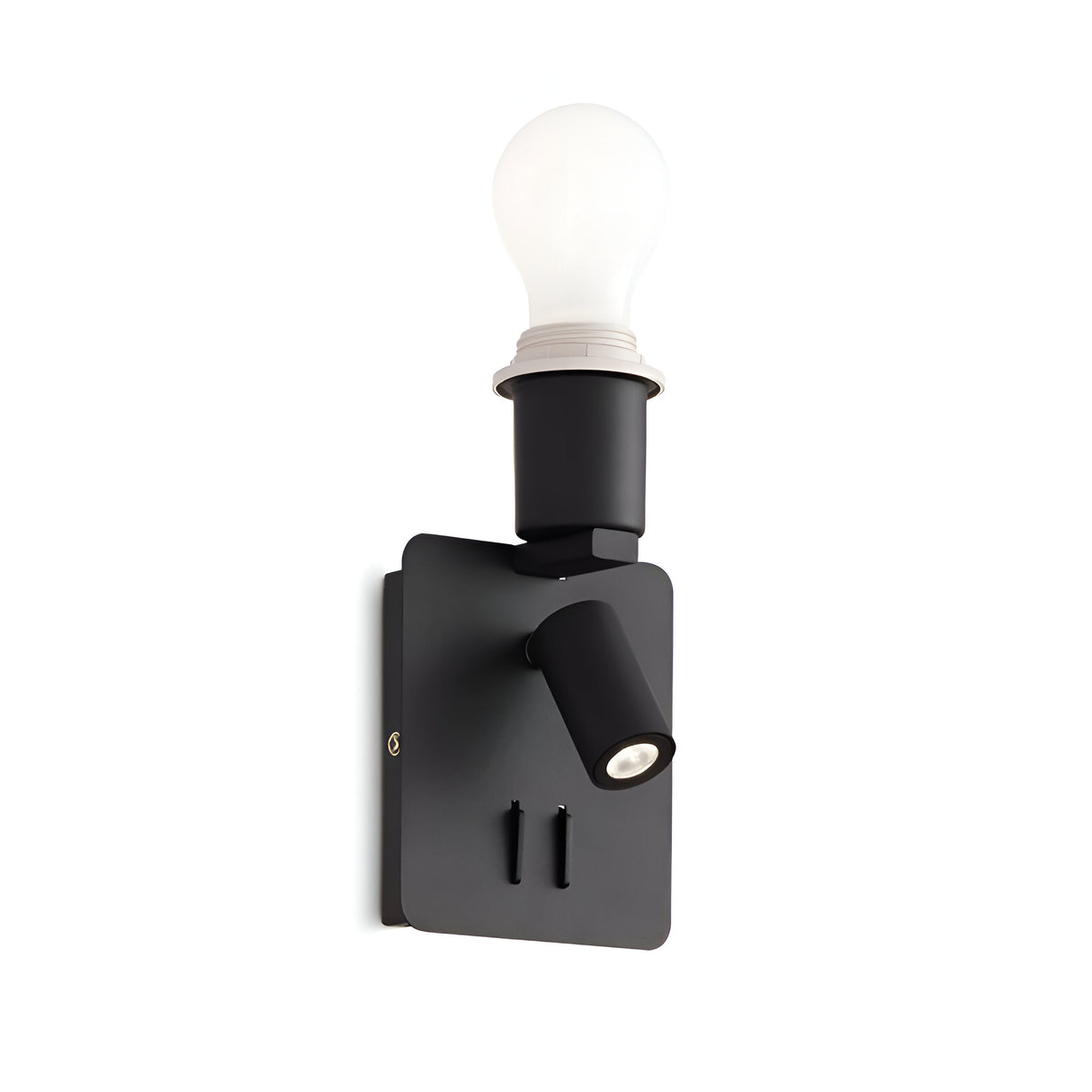 The Prismia LED Wall Light 3W 3000K - Black boasts a sleek rectangular base, offering dual illumination: an exposed bulb on top and an adjustable LED reading light. Ideal for modern interiors, its design seamlessly blends contemporary style with functionality.