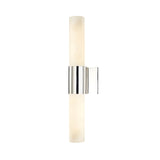 The Fiora LED Alabaster Wall Light in Satin Nickel & Soft White features a sleek modern design with a cylindrical alabaster shade and satin nickel bracket, evenly diffusing light from both ends for contemporary style.