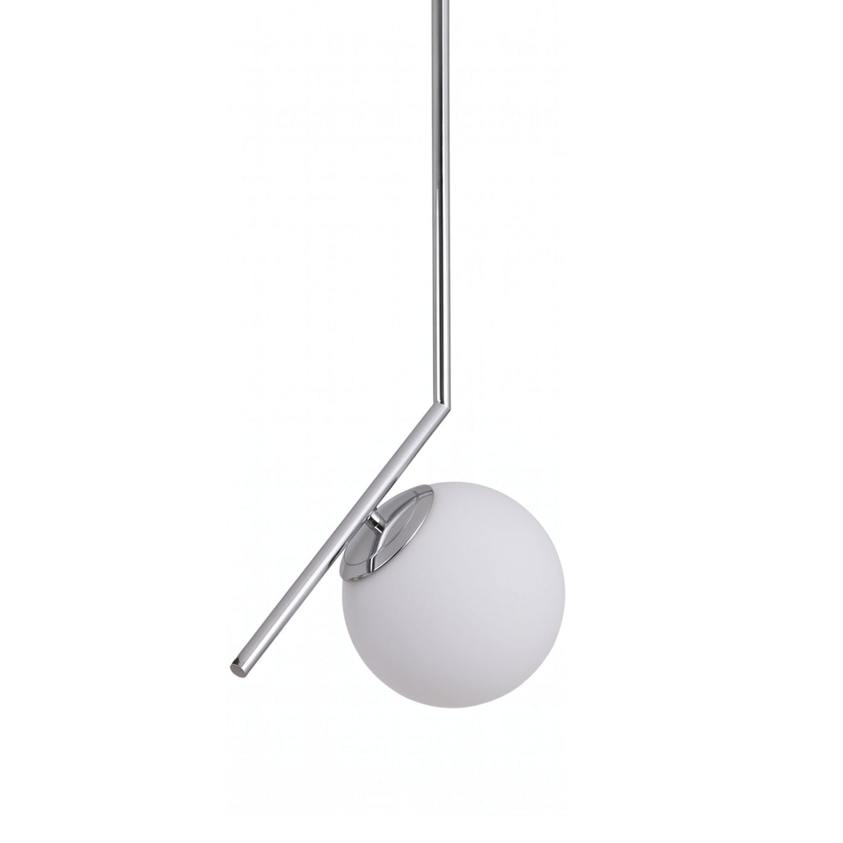 Niori Vetra pendant light with a 30cm opal glass globe mounted off-axis to an angled polished chrome stem, shown on a plain white background.