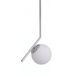 Niori Vetra pendant light with a 30cm opal glass globe mounted off-axis to an angled polished chrome stem, shown on a plain white background.