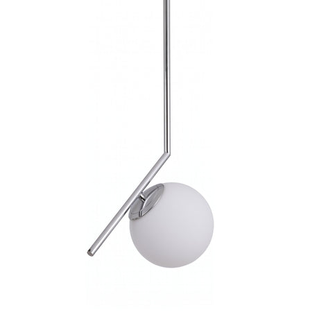 Niori Vetra pendant light with a 30cm opal glass globe mounted off-axis to an angled polished chrome stem, shown on a plain white background.