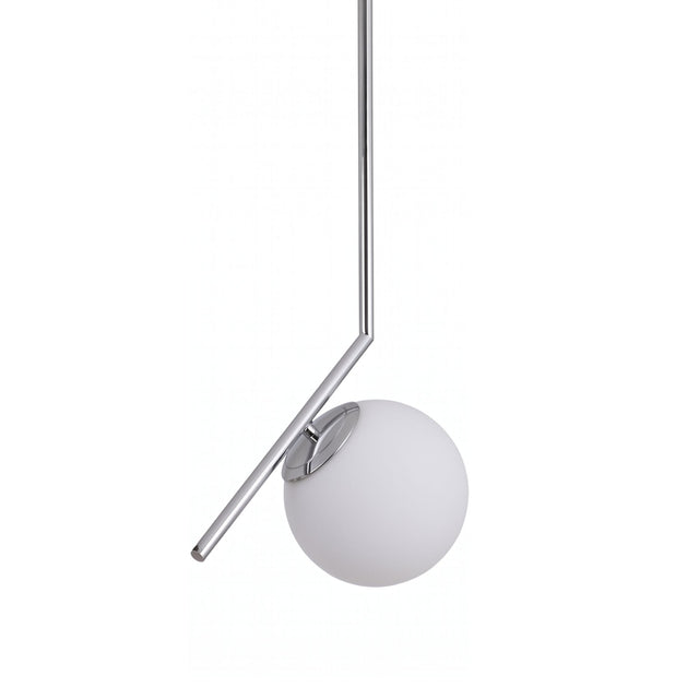 Niori Vetra pendant light with a 30cm opal glass globe mounted off-axis to an angled polished chrome stem, shown on a plain white background.
