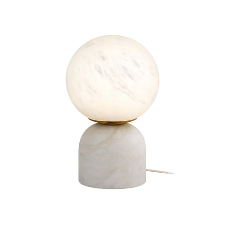 The Solvyn LED Large Globe Alabaster Table Lamp in Soft White features a modern frosted glass globe on a cylindrical marble base, with a visible power cord extending from the bottom.