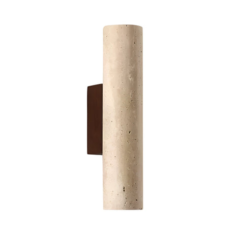 The Dorsa 1 Light Large Cylinder Travertine Wall Light features a light beige cylindrical shade and a rectangular walnut brown backplate, shown against a white background.