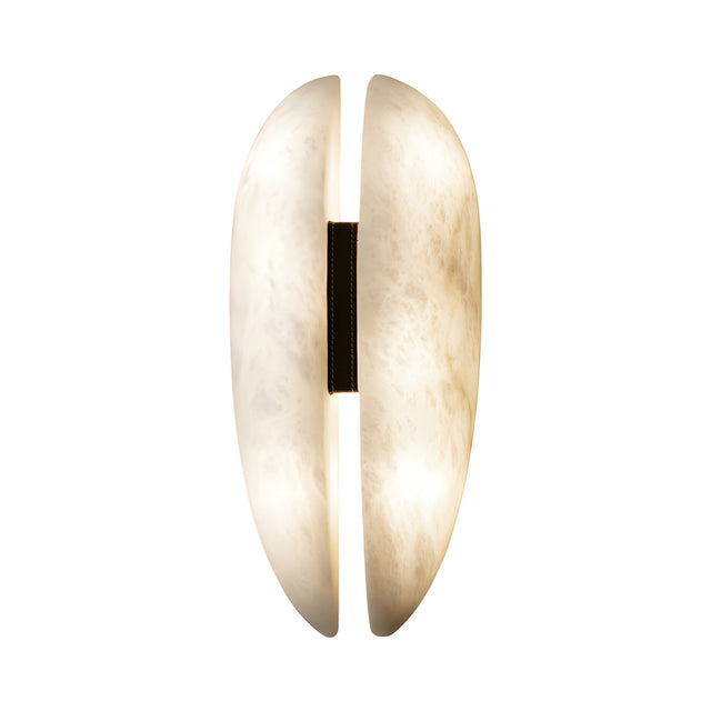 The Majorae LED Large Split Alabaster Wall Light in soft white and matte black features two curved frosted panels separated by a slim gap, creating a modern sculptural look that emits a warm, elegant glow.