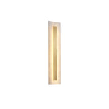 The Averra LED Small Rectangle Alabaster Wall Light in Soft White & Brass features a vertical center cutout, casting a warm, gentle glow against a white background.