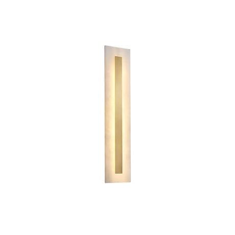The Averra LED Small Rectangle Alabaster Wall Light in Soft White & Brass features a vertical center cutout, casting a warm, gentle glow against a white background.
