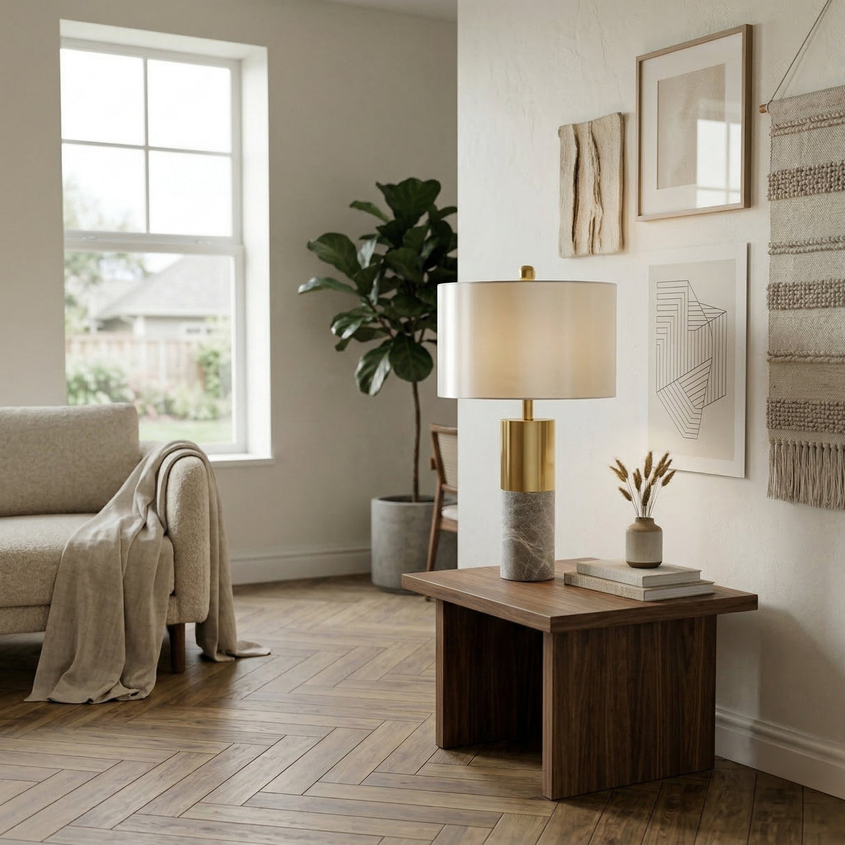A modern living room with a light sofa and blanket, wooden side table topped with the Valmora 1 Light Monolith Marble Table Lamp in grey & brass, a small vase, books, wall art, large window, hardwood floors, and a potted plant.