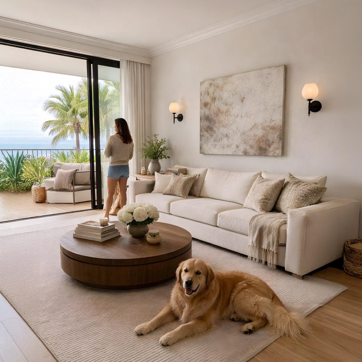 A woman stands by open glass doors with a golden retriever on a cream rug in a bright modern living room featuring neutral decor, a round wooden coffee table, and the Olivaro 1 Light Pedal Form Alabaster Wall Light. Palm trees and ocean are visible outside.