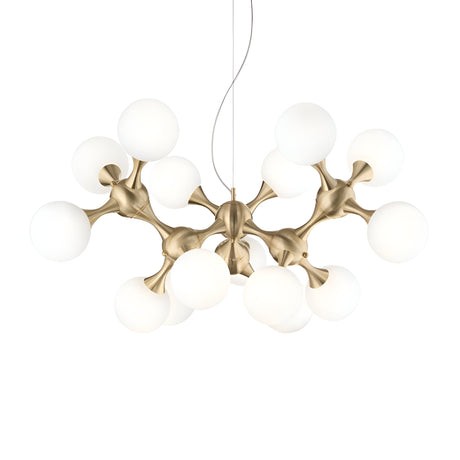 A contemporary look unfolds with the Emblaze 15 Light Suspension - Brass, showcasing a cluster of white spherical bulbs and a gold metallic framework. Elegantly suspended from the ceiling, this chandelier provides dimmable lighting to create the ideal ambiance.