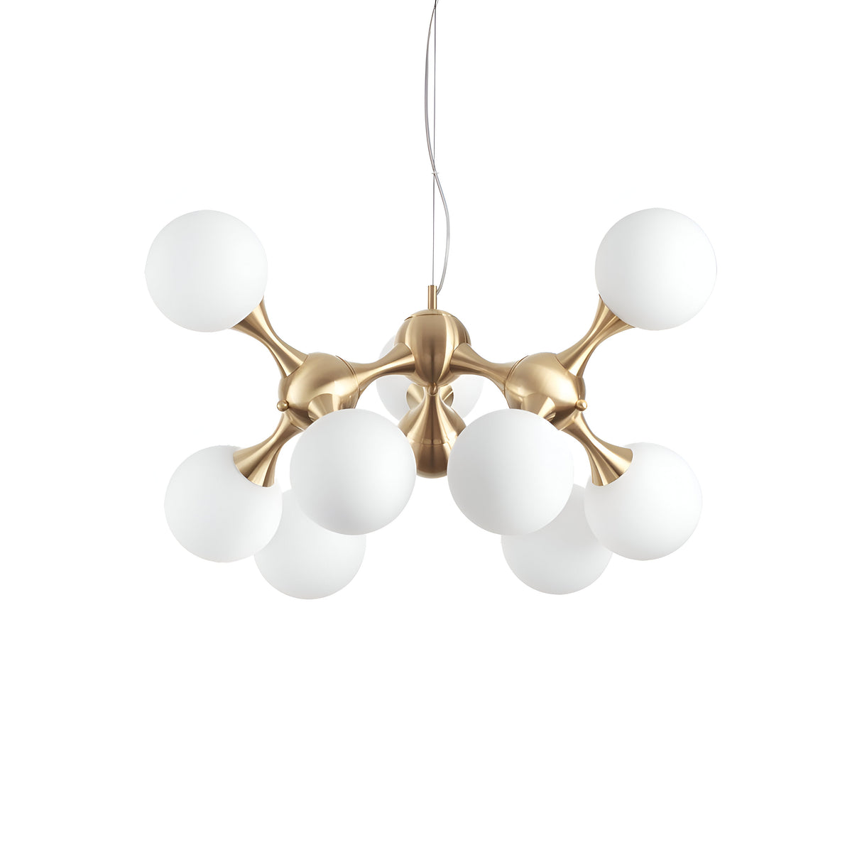 Introducing the Emblaze 9 Light Suspension in Brass, a sleek and contemporary chandelier with nine white frosted glass shades arranged symmetrically. The design features elegant brass accents and is suspended from a single wire. It also offers dimmable lighting for versatile ambiance control.