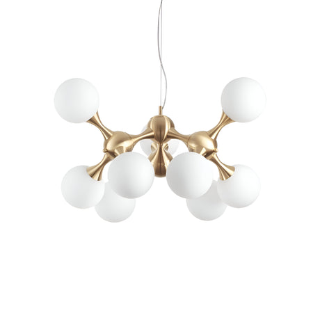 Introducing the Emblaze 9 Light Suspension in Brass, a sleek and contemporary chandelier with nine white frosted glass shades arranged symmetrically. The design features elegant brass accents and is suspended from a single wire. It also offers dimmable lighting for versatile ambiance control.