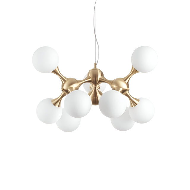 Introducing the Emblaze 9 Light Suspension in Brass, a sleek and contemporary chandelier with nine white frosted glass shades arranged symmetrically. The design features elegant brass accents and is suspended from a single wire. It also offers dimmable lighting for versatile ambiance control.