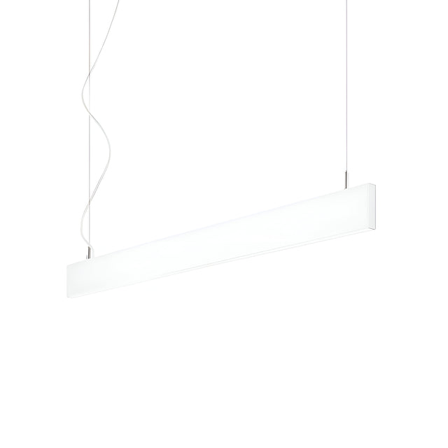 The Flux LED Linear Suspension 32W 3000K in white is a minimalist, long rectangular pendant light featuring thin suspension wires against a white background. It showcases a sleek, modern design and includes dimmable functionality for customizable lighting to enhance any space.