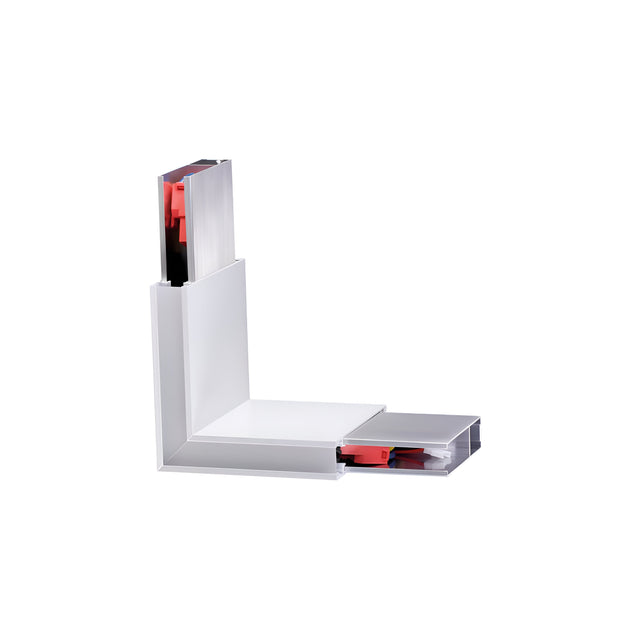 A cross-sectional view of the Flux Corner LED Track Connector 3000K - White showcases the aluminum window frame corner section with visible channels, featuring a blend of red and black elements. Perfect for creating optimal ambiance with dimmable LED lights at a 3000K color temperature.