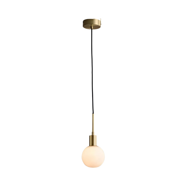 The Astra 1 Light Alabaster Single Pendant Light in soft white and brushed brass features a minimalist design with an alabaster globe shade, brass-finished socket and ceiling mount, and a sleek black cord.